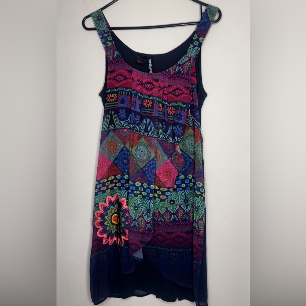 Desigual Women’s Multicolour Dress Boho Overlay Sheer Logo Size 40